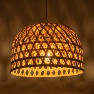 GloboStar® MANGEA 00716 Boho Κρεμαστό Φωτιστικό Πλέγμα Μονόφωτο 1 x E27 IP20 Μπέζ Ξύλο - Μ50 x Π50 x Υ34cm