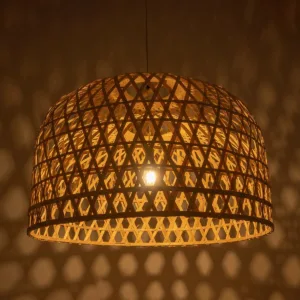 GloboStar® MANGEA 00717 Boho Κρεμαστό Φωτιστικό Πλέγμα Μονόφωτο 1 x E27 IP20 Μπεζ Ξύλο - Μ100 x Π100 x Υ59cm