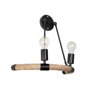 GloboStar® CROWN 01002 Vintage Επιτοίχιο Φωτιστικό Απλίκα Δίφωτο 2 x E27 IP20 Μαύρο Μέταλλο με Μπεζ Σχοινί - Μ41 x Π24 x Υ40cm