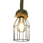 GloboStar® LAICO 01129 Vintage Κρεμαστό Φωτιστικό Πλέγμα Μονόφωτο 1 x E27 IP20 Μπρούτζινο Μέταλλο με Μπεζ Σχοινί - Μ12 x Π12 x Υ100cm