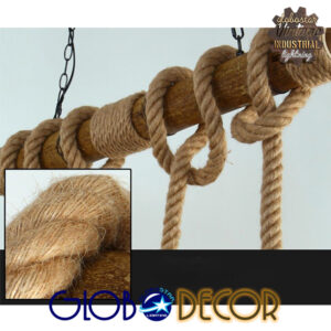 GloboStar® LILO 01149 Vintage Κρεμαστό Φωτιστικό Ράγα Τρίφωτο 3 x E27 IP20 Καφέ Ξύλο με Μπεζ Σχοινί Μ80 x Π15 x Υ100cm