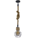 GloboStar® HELLET 01182 Vintage Κρεμαστό Φωτιστικό Πλέγμα Μονόφωτο 1 x E27 IP20 Μαύρο Μέταλλο με Μπεζ Σχοινί - Μ16 x Π16 x Υ25cm - Image 2