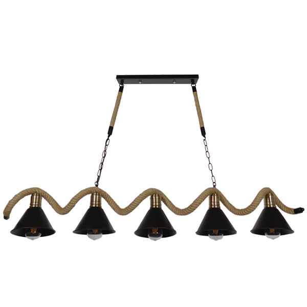 GloboStar® TYMEN 01190 Vintage Κρεμαστό Φωτιστικό Καμπάνα Πολύφωτο 5 x E27 IP20 Μαύρο Μέταλλο με Μπεζ Σχοινί - Μ150 x Π22 x Υ23cm - Image 2