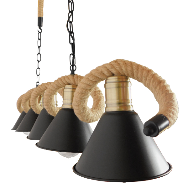 GloboStar® TYMEN 01190 Vintage Κρεμαστό Φωτιστικό Καμπάνα Πολύφωτο 5 x E27 IP20 Μαύρο Μέταλλο με Μπεζ Σχοινί - Μ150 x Π22 x Υ23cm - Image 4