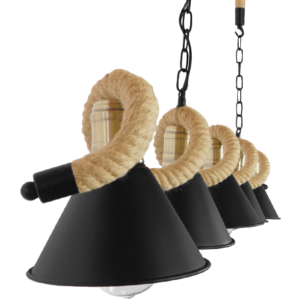 GloboStar® TYMEN 01190 Vintage Κρεμαστό Φωτιστικό Καμπάνα Πολύφωτο 5 x E27 IP20 Μαύρο Μέταλλο με Μπεζ Σχοινί - Μ150 x Π22 x Υ23cm - Image 5