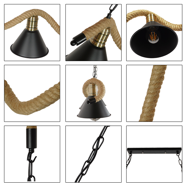 GloboStar® TYMEN 01190 Vintage Κρεμαστό Φωτιστικό Καμπάνα Πολύφωτο 5 x E27 IP20 Μαύρο Μέταλλο με Μπεζ Σχοινί - Μ150 x Π22 x Υ23cm - Image 6