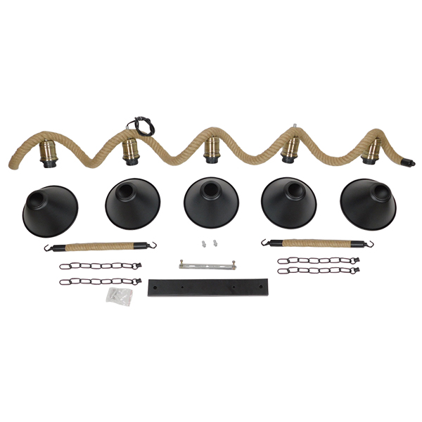 GloboStar® TYMEN 01190 Vintage Κρεμαστό Φωτιστικό Καμπάνα Πολύφωτο 5 x E27 IP20 Μαύρο Μέταλλο με Μπεζ Σχοινί - Μ150 x Π22 x Υ23cm - Image 7