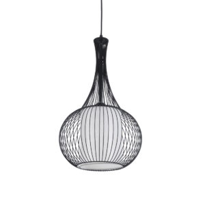 GloboStar® REA 01198 Μοντέρνο Κρεμαστό Φωτιστικό Πλέγμα Μονόφωτο 1 x E27 IP20 Μαύρο Μέταλλο με Λευκό Ύφασμα - Μ30 x Π30 x Υ50cm