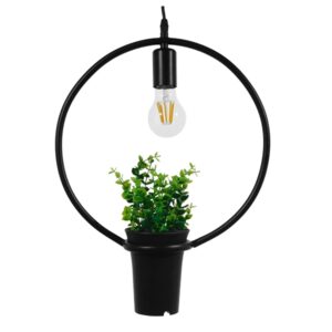 GloboStar® FLOWERPOT 10001212 Μοντέρνο Κρεμαστό Φωτιστικό Ανάρτηση Μονόφωτο 1 x E27 IP20 Μαύρο Μέταλλο με Πράσινο Πλαστικό - Μ30 x Π30 x Υ30cm