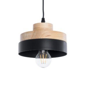 GloboStar® RUHIEL 01233 Μοντέρνο Κρεμαστό Φωτιστικό Καμπάνα Μονόφωτο 1 x E27 IP20 Μαύρο Μέταλλο με Μπεζ Ξύλο - Μ18 x Π18 x Υ12cm