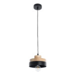 GloboStar® RUHIEL 01233 Μοντέρνο Κρεμαστό Φωτιστικό Καμπάνα Μονόφωτο 1 x E27 IP20 Μαύρο Μέταλλο με Μπεζ Ξύλο - Μ18 x Π18 x Υ12cm - Image 3