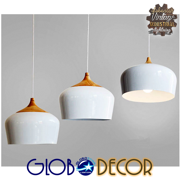 GloboStar® VILI 01260 Μοντέρνο Κρεμαστό Φωτιστικό Καμπάνα Μονόφωτο 1 x E27 IP20 Λευκό Μέταλλο με Μπεζ Ξύλο - Μ35 x Π35 x Υ27cm - Image 5