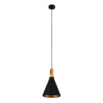 GloboStar® CALYPSO 01334-C Μοντέρνο Κρεμαστό Φωτιστικό Καμπάνα Μονόφωτο 1 x E27 IP20 Μαύρο & Χρυσό Μέταλλο με Μπεζ Ξύλο - Μ25 x Π25 x Υ40cm - Image 3