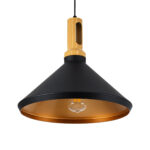 GloboStar® CALYPSO 01334-A Μοντέρνο Κρεμαστό Φωτιστικό Καμπάνα Μονόφωτο 1 x E27 IP20 Μαύρο & Χρυσό Μέταλλο με Μπεζ Ξύλο - Μ36 x Π36 x Υ30cm - Image 5