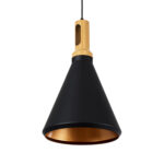 GloboStar® CALYPSO 01334-C Μοντέρνο Κρεμαστό Φωτιστικό Καμπάνα Μονόφωτο 1 x E27 IP20 Μαύρο & Χρυσό Μέταλλο με Μπεζ Ξύλο - Μ25 x Π25 x Υ40cm - Image 5
