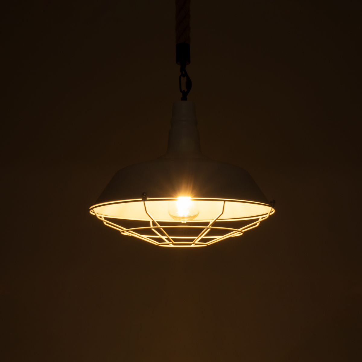 GloboStar® CRANE 01409 Vintage Κρεμαστό Φωτιστικό Μονόφωτο Καμπάνα 1 x E27 IP20 Λευκό Μεταλλο με Μπεζ Σχοινί - Μ36 x Π36 x Y31cm - Image 2