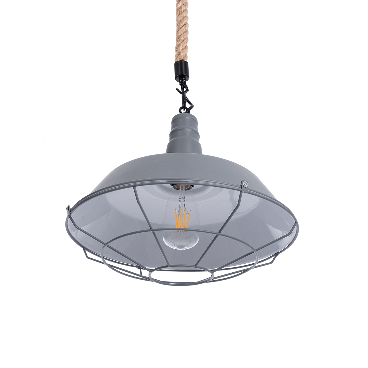 GloboStar® CRANE 01411 Vintage Κρεμαστό Φωτιστικό Μονόφωτο Καμπάνα 1 x E27 IP20 Γκρι & Λευκό Μέταλλο με Μπεζ Σχοινί - Μ36 x Π36 x Y31cm - Image 5