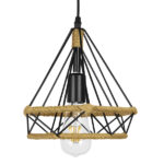 GloboStar® FLUTED 01421 Vintage Κρεμαστό Φωτιστικό Πλέγμα Μονόφωτο 1 x E27 IP20 Μαύρο Μέταλλο με Μπεζ Σχοινί - Μ25 x Π25 x Y24cm - Image 2