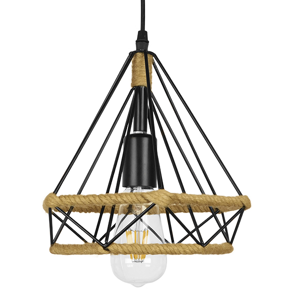 GloboStar® FLUTED 01421 Vintage Κρεμαστό Φωτιστικό Πλέγμα Μονόφωτο 1 x E27 IP20 Μαύρο Μέταλλο με Μπεζ Σχοινί - Μ25 x Π25 x Y24cm - Image 2