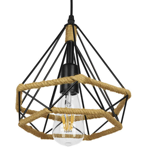 GloboStar® FLUTED 01421 Vintage Κρεμαστό Φωτιστικό Πλέγμα Μονόφωτο 1 x E27 IP20 Μαύρο Μέταλλο με Μπεζ Σχοινί - Μ25 x Π25 x Y24cm - Image 3