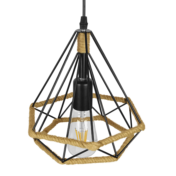 GloboStar® FLUTED 01421 Vintage Κρεμαστό Φωτιστικό Πλέγμα Μονόφωτο 1 x E27 IP20 Μαύρο Μέταλλο με Μπεζ Σχοινί - Μ25 x Π25 x Y24cm - Image 4