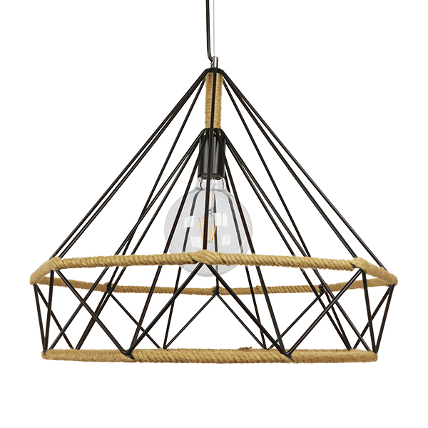 GloboStar® FLUTED 01422 Vintage Κρεμαστό Φωτιστικό Πλέγμα Μονόφωτο 1 x E27 IP20 Μαύρο Μέταλλο με Μπεζ Σχοινί - Μ50 x Π50 x Y44cm - Image 2