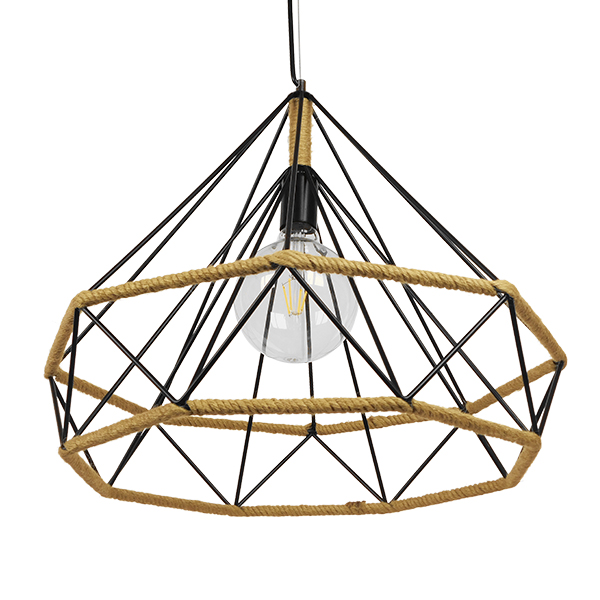 GloboStar® FLUTED 01422 Vintage Κρεμαστό Φωτιστικό Πλέγμα Μονόφωτο 1 x E27 IP20 Μαύρο Μέταλλο με Μπεζ Σχοινί - Μ50 x Π50 x Y44cm - Image 3