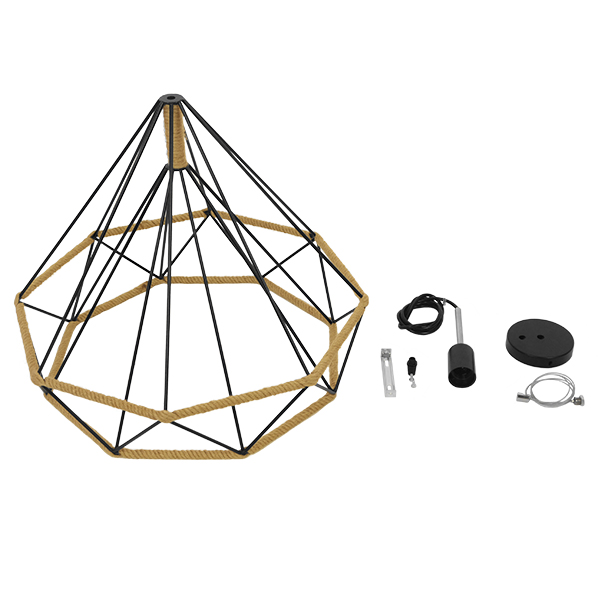 GloboStar® FLUTED 01422 Vintage Κρεμαστό Φωτιστικό Πλέγμα Μονόφωτο 1 x E27 IP20 Μαύρο Μέταλλο με Μπεζ Σχοινί - Μ50 x Π50 x Y44cm - Image 8