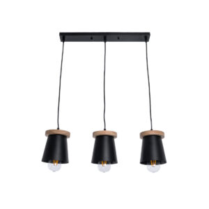 GloboStar® LANA 01425 Μοντέρνο Κρεμαστό Φωτιστικό Κύλινδρος Τρίφωτο 3 x E27 IP20 Μαύρο Μέταλλο με Καρυδί Ξύλο - Μ60 x Π13 x Υ18cm