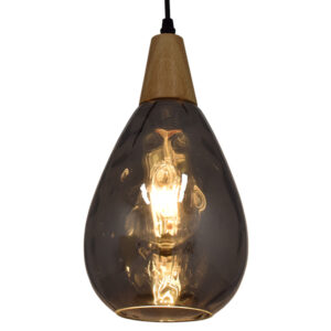 GloboStar® NOAH 01489 Μοντέρνο Κρεμαστό Φωτιστικό Ανάρτηση Μονόφωτο 1 x E27 IP20 Γκρι Γυαλί με Μπεζ Ξύλο - Μ16 x Π16 x Υ30cm