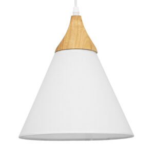 GloboStar® SHADE TEXTILE 01577 Μοντέρνο Κρεμαστό Φωτιστικό Καμπάνα Μονόφωτο 1 x E27 IP20 Λευκό Ύφασμα με Μπεζ Ξύλο - Μ25 x Π25 x Υ30cm