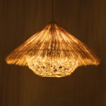 GloboStar® CHEOPE 01599 Boho Κρεμαστό Φωτιστικό Πλέγμα Μονόφωτο 1 x E27 IP20 Μπεζ Ξύλο με Μπεζ Rattan - Μ45 x Π45 x Y35cm - Image 2