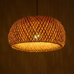 GloboStar® SAN TROPEZ 01626 Boho Κρεμαστό Φωτιστικό Πλέγμα Μονόφωτο 1 x E27 IP20 Μπεζ Ξύλο - Μ38 x Π38 x Υ22cm