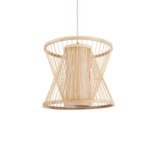 GloboStar® HIBISCUS 01632 Boho Κρεμαστό Φωτιστικό Καπέλο Μονόφωτο 1 x E27 IP20 Μπεζ Ξύλο - Μ35 x Π35 x Y30cm