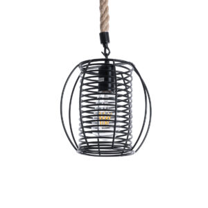 GloboStar® ORVAL 01689 Μοντέρνο Κρεμαστό Φωτιστικό Πλέγμα Μονόφωτο 1 x E27 IP20 Μαύρο Μέταλλο με Μπεζ Σχοινί - Μ20 x Π20 x Υ20cm