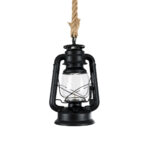 GloboStar® BARBAROSSA 01704 Vintage Κρεμαστό Φωτιστικό Ανάρτηση Μονόφωτο 1 x E27 IP20 Μαύρο Μέταλλο, Διάφανο Γυαλί με Μπεζ Σχοινί - Μ18 x Π18 x Υ28cm