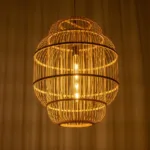 GloboStar® HIBISCUS 01763 Boho Κρεμαστό Φωτιστικό Πλέγμα Μονόφωτο 1 x E27 IP20 Μπεζ Ξύλο - Μ48 x Π48 x Y60cm