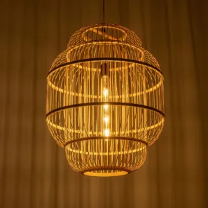 GloboStar® HIBISCUS 01763 Boho Κρεμαστό Φωτιστικό Πλέγμα Μονόφωτο 1 x E27 IP20 Μπεζ Ξύλο - Μ48 x Π48 x Y60cm