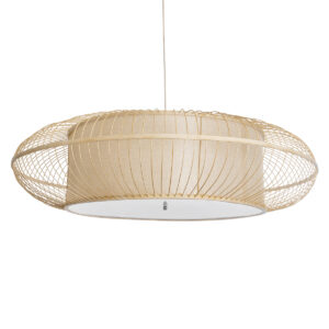 GloboStar® HIBISCUS 01782 Boho Κρεμαστό Φωτιστικό Πλέγμα Τρίφωτο 3 x E27 IP20 Μπεζ Ξύλο - Μ120 x Π120 x Y31cm