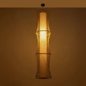 GloboStar® HIBISCUS 01783 Boho Κρεμαστό Φωτιστικό Πλέγμα Μονόφωτο 1 x E27 IP20 Μπεζ Ξύλο - Μ35 x Π35 x Υ150cm