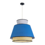 GloboStar® SAIGE 01918 Boho Κρεμαστό Φωτιστικό Πλέγμα Μονόφωτο 1 x E27 IP20 Μπεζ Ξύλο με Μπλε & Γκρι Ύφασμα - Μ50 x Π50 x Υ45cm - Image 3