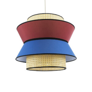 GloboStar® SAIGE 01919 Boho Κρεμαστό Φωτιστικό Πλέγμα Μονόφωτο 1 x E27 IP20 Μπεζ Ξύλο με Κόκκινο & Μπλε Ύφασμα - Μ50 x Π50 x Υ43cm