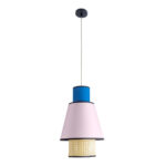 GloboStar® SAIGE 01921 Boho Κρεμαστό Φωτιστικό Πλέγμα Μονόφωτο 1 x E27 IP20 Μπεζ Ξύλο με Μπλε & Ροζ Ύφασμα - Μ30 x Π30 x Υ48cm - Image 3