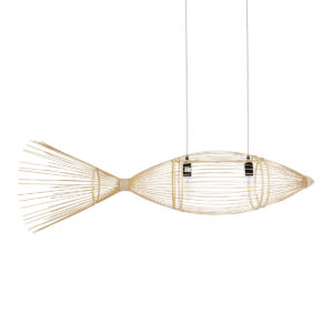 GloboStar® FISH 01927 Μοντέρνο Κρεμαστό Φωτιστικό Πλέγμα Δίφωτο 2 x E27 IP20 Μπεζ Ξύλο - Μ130 x Π42 x Υ42cm