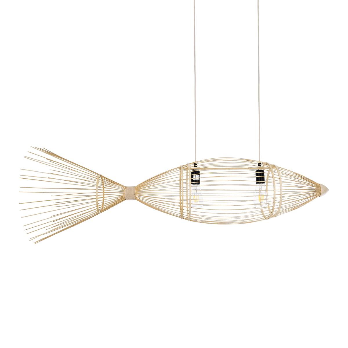 GloboStar® FISH 01927 Μοντέρνο Κρεμαστό Φωτιστικό Πλέγμα Δίφωτο 2 x E27 IP20 Μπεζ Ξύλο - Μ130 x Π42 x Υ42cm