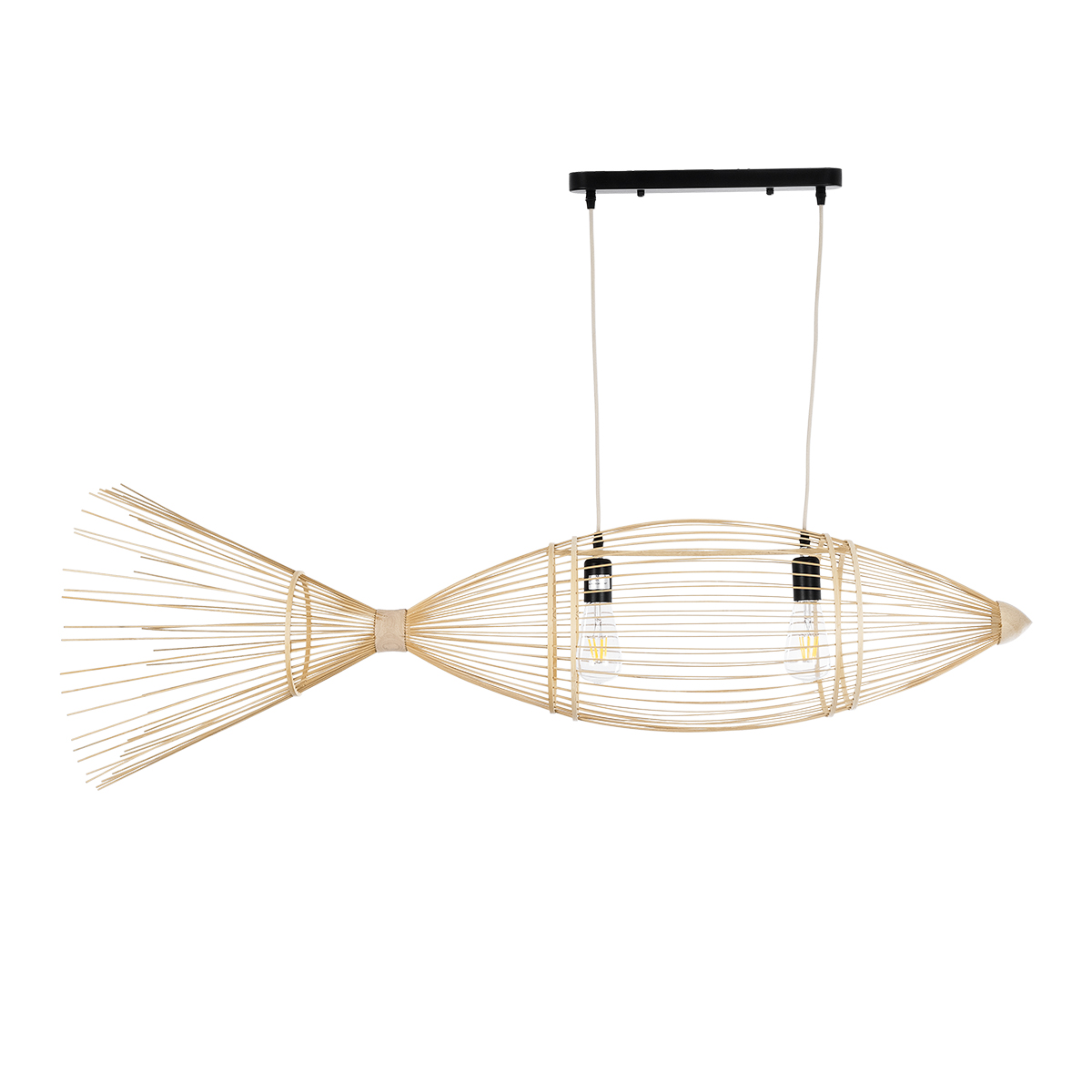 GloboStar® FISH 01927 Μοντέρνο Κρεμαστό Φωτιστικό Πλέγμα Δίφωτο 2 x E27 IP20 Μπεζ Ξύλο - Μ130 x Π42 x Υ42cm - Image 3