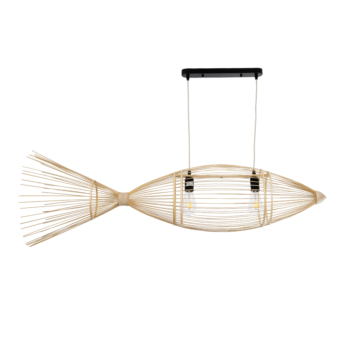GloboStar® FISH 01927 Μοντέρνο Κρεμαστό Φωτιστικό Πλέγμα Δίφωτο 2 x E27 IP20 Μπεζ Ξύλο - Μ130 x Π42 x Υ42cm - Image 4