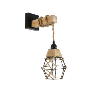 GloboStar® BELLARIVA 01961 Boho Επιτοίχιο Φωτιστικό Απλίκα Μονόφωτο 1 x E27 IP20 Μαύρο Μέταλλο, Μπεζ Σχοινί με Μπεζ Ξύλο - Μ10 x Π30 x Υ43cm