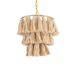 GloboStar® MISSOULA 02084 Boho Κρεμαστό Φωτιστικό Σχοινί Μονόφωτο 1 x E27 IP20 Μπεζ Ύφασμα με Χρυσό Μέταλλο - Μ30 x Π30 x Υ40cm