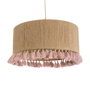 GloboStar® PUERTORICO 02096 Boho Κρεμαστό Φωτιστικό Καπέλο Μονόφωτο 1 x E27 IP20 Μπεζ & Ροζ Σχοινί - Μ50 x Π50 x Υ27cm